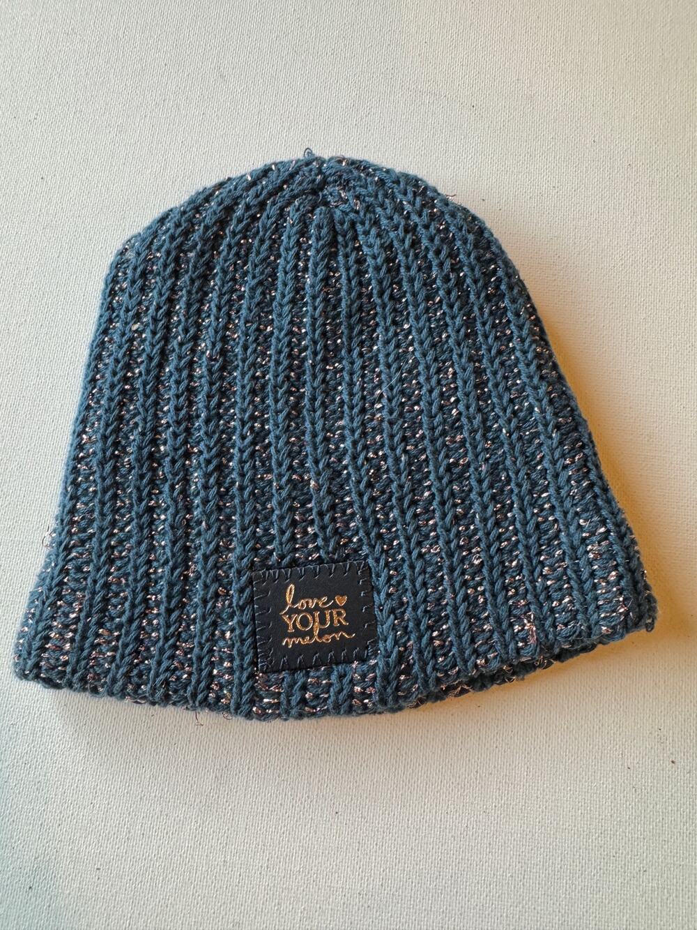 Love Your Melon Teal Metallic Knit Beanie Rose Gold Sparkle Made One Size